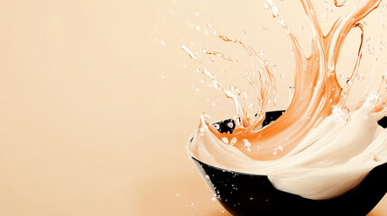 Dynamic Splash of Creamy Liquid Creating Captivating Patterns in a Black Bowl on Beige Background