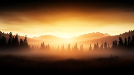 Obraz premium Serene Sunrise Over Misty Forest Landscape in Golden Hour Light