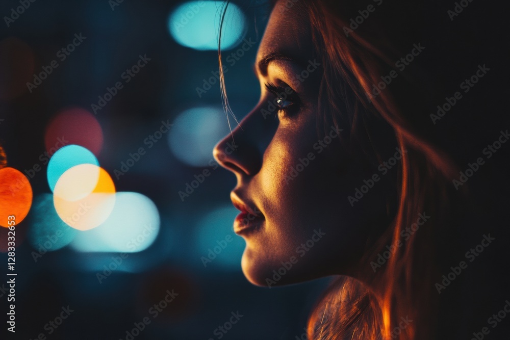 Poster woman gazing thoughtfully with colorful lights in the background during nighttime. generative ai