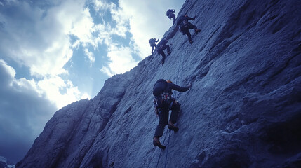 A dynamic group of climbers ascending a majestic mountain in breathtaking outdoor scenery.
