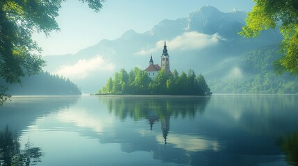 Fototapeta premium Serene Scene of Lake Bled with Island Church in Slovenia