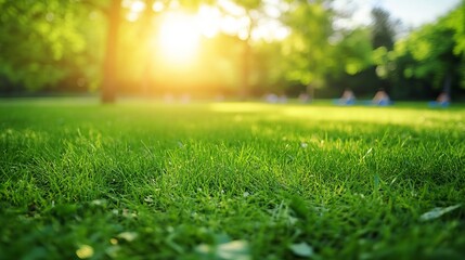 Naklejka premium Sunlight Shining Through Green Trees Over Fresh Grass in a Beautiful Park Scene