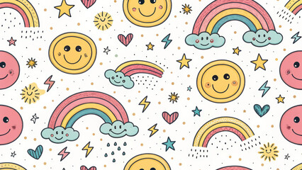 Joyful Rainbows and Smiles: This vibrant pattern embodies a sense of pure happiness and lightheartedness, decorated with cheerful smileys, whimsical rainbows, twinkling stars, and hearts.