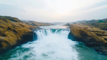 Naklejka premium Majestic Waterfall Surrounded by Rocky Landscape and Serene Waters