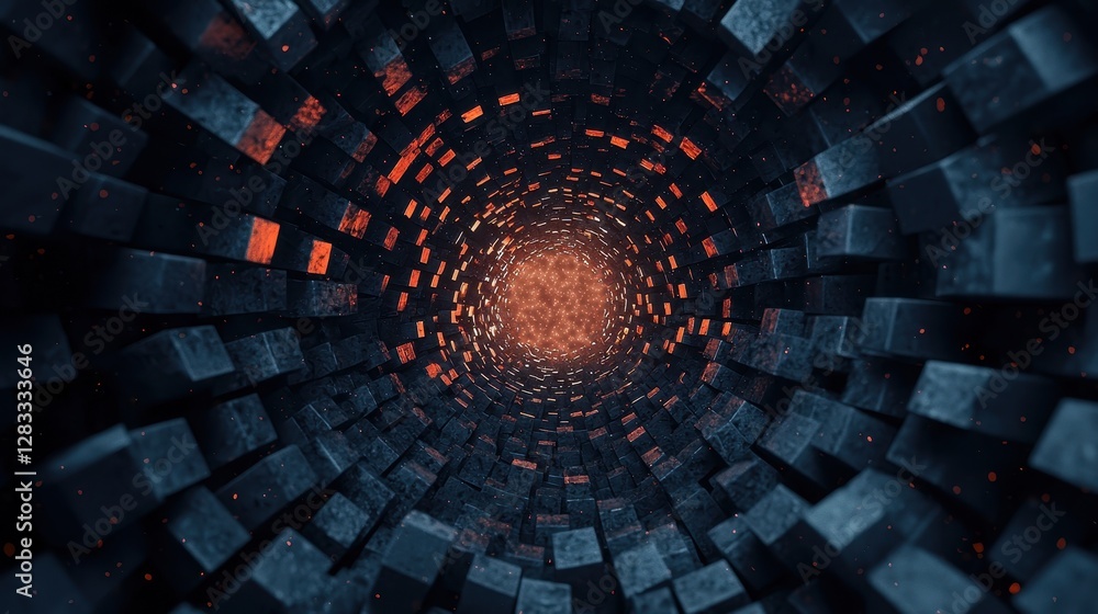 Poster a mesmerizing tunnel of dark cubes leading to a glowing center, creating a sense of depth and intrig
