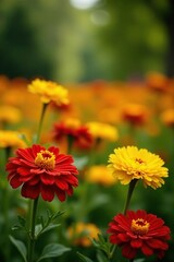 Obraz premium Yellow and red mums blooming in a serene garden, floral, flower field, mum flowers