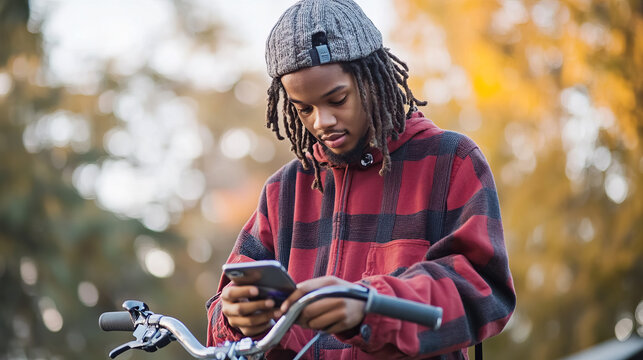 Young man with dreadlocks checking smartphone while standing next to bicycle in autumn park - Powered by Adobe