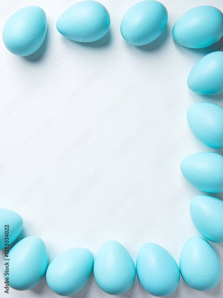 Poster a flat lay photography setup features blue easter eggs arranged in a border pattern against a white 