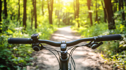 Fototapeta premium Scenic Mountain Biking Path Through Lush Green Forest with Bright Sunlight Illuminating Trail