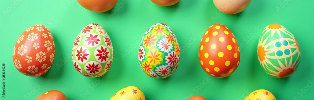 Poster a flat lay image featuring colorful patterned chicken eggs on a vibrant green background in a pop ar