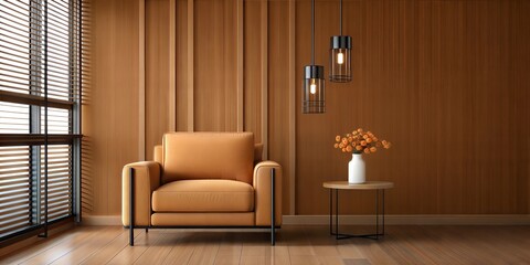 Modern Living Room with Mocha Mousse 2025 Trend, Brown Armchair, Wooden Blinds & Elegant Decor – 3D