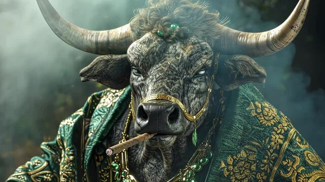 Majestic Bull in Emerald Robes Smoking a Cigar