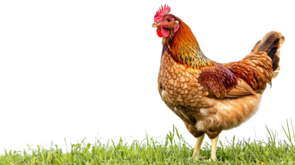 A chicken stands on green grass on a transparent background