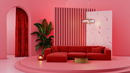 Luxurious red living room with modern sofa and stylish decor, 3D rendered illustration