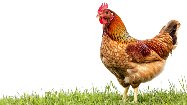 A chicken stands on green grass on a transparent background