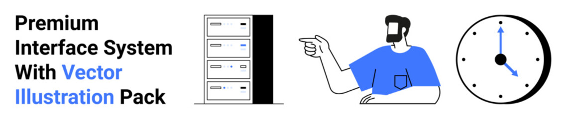 Server stack, man gesturing, clock indicating time. Ideal for technology, management, IT solutions, productivity, scheduling web design efficiency. Perfect for flat landing page banner