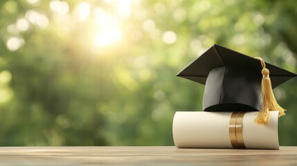 Graduation Cap and Diploma on Table with Soft Bokeh Background
