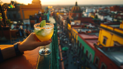 Hand holding a margarita with a sunset view over a lively Mexican street