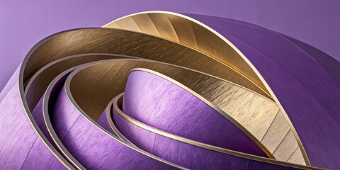  Beautifully curved metallic and fabric ribbons in purple and gold creating an intricate and dynamic abstract composition