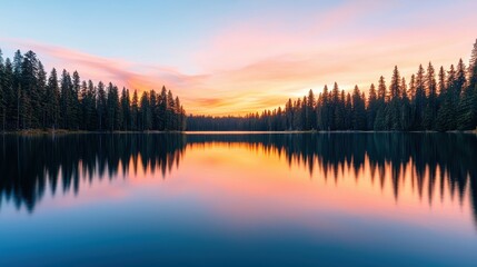 Fototapeta premium A tranquil lake reflects the vibrant sunset, surrounded by tall trees, creating a serene and picturesque natural landscape.