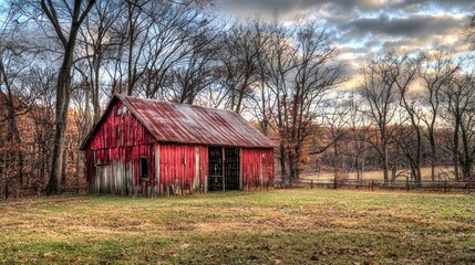 Rustic Charm: A Red Barn in Autumn's Embrace