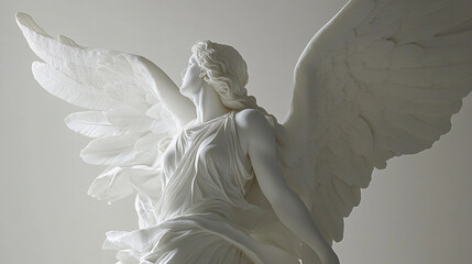 A stunning white sculpture of an angel with intricate wings, elegantly posed and draped in flowing fabric, embodying grace and ethereal beauty against a soft backdrop.
