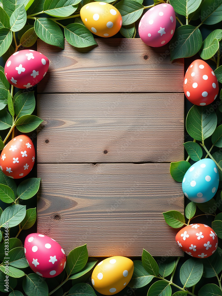 Poster a colorful easter egg design wraps around a rustic wooden banner with copy space to create a unique 