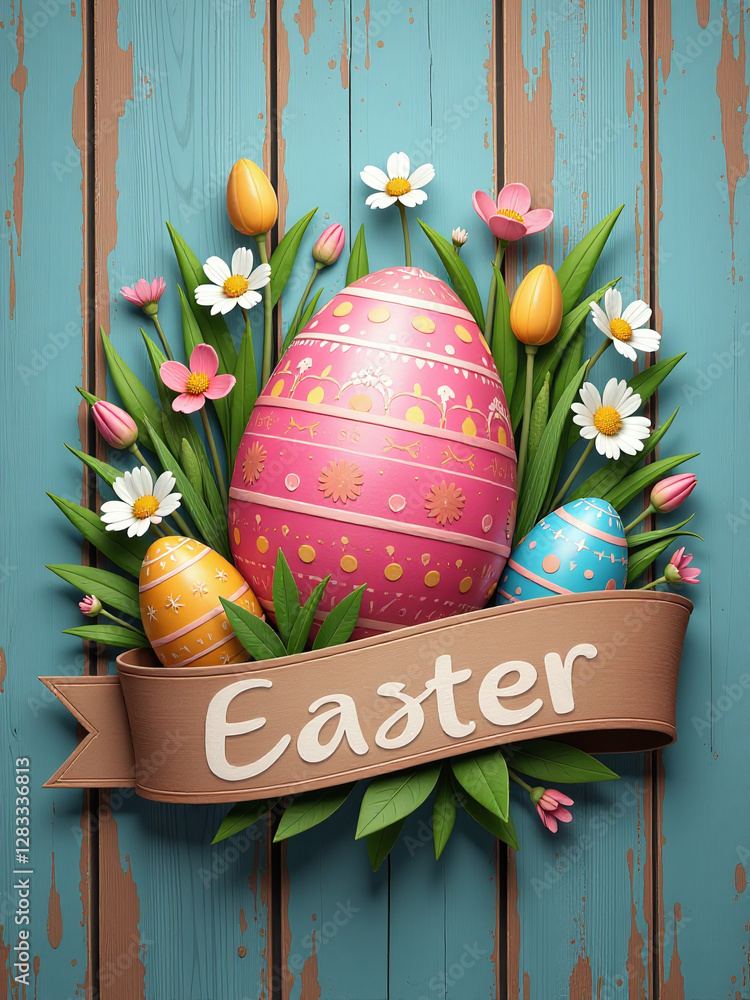 Poster A Colorful Easter Egg Design Wraps Around A Rustic Wooden Banner With Copy Space To Create A Unique Visual Statement Online. 00002