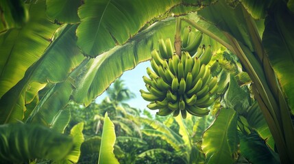 Fototapeta premium Vibrant Cluster of Green Bananas Surrounded by Lush Tropical Foliage