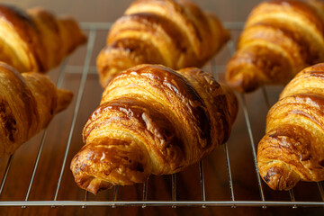 金網に並べたたくさんの焼き立てクロワッサン　木製テーブルの背景