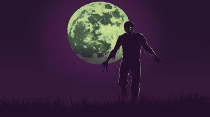 Zombie Awareness Month, zombie silhouette walking limping under a big full moon, hands outstretched forward with green glowing eyes