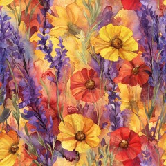 Watercolor Floral Rhapsody:  A vibrant watercolor illustration bursts with the colorful exuberance of a summer garden, featuring a delicate dance of lavender, orange, and yellow wildflowers.