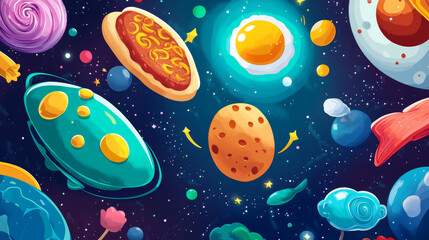 Food planets banner of space arcade game. Fantasy planets with fried egg, candy, hamburger and salmon texture. Vector landing page with cartoon illustration of fantastic food galaxy