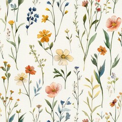 Floral Symphony: A vivid watercolor illustration showcases a diverse array of delicate wildflowers and leaves.