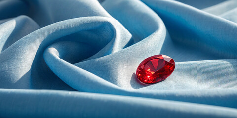 Close-up of silky blue fabric with a radiant red ruby gemstone resting on it, symbolizing elegance, luxury, and refined aesthetics