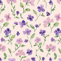 Fototapeta premium Floral Symphony: a watercolor painting featuring a seamless pattern of delicate flowers in shades of purple and pink, with subtle details and artistic charm. 