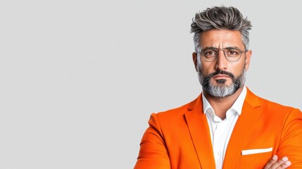 Obraz premium Serious man, orange jacket, arms crossed, grey background, business portrait