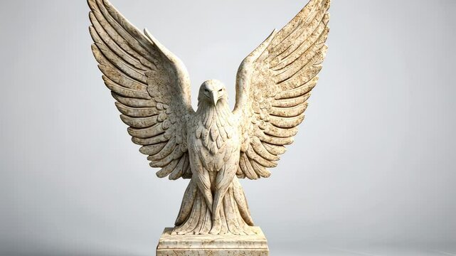 Majestic eagle sculpture with detailed wings perched on a pedestal in a minimalist studio setting