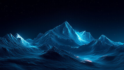 A mountain range is shown in the distance with a blue sky