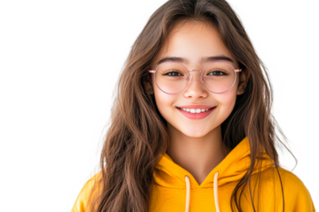 Young girl with glasses smiling in a yellow hoodie