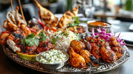 Obraz premium Exquisite Platter of Grilled Meats and Sides in Elegant Setting