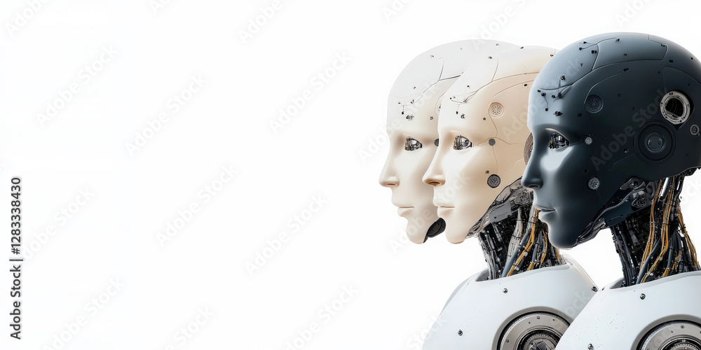 Poster three humanoid robot heads, showcasing different colors and designs, symbolize advancements in artif