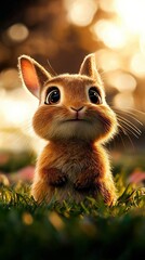   A close-up of a small creature grazing on a field of green grass beneath the dappled sunlight filtering through tall tree trunks in the background