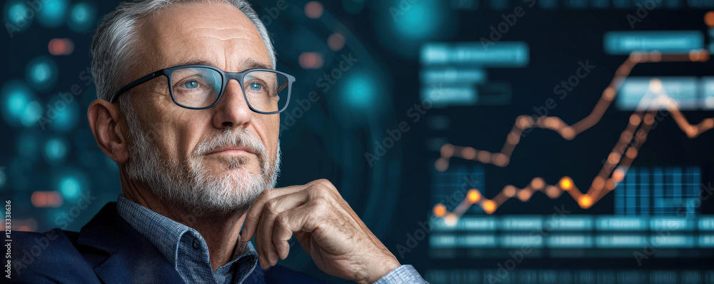 Aufkleber a thoughtful professional analyzes data trends in a modern office setting, with digital graphs displ