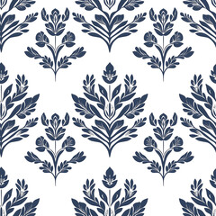 Floral pattern in navy blue on a white background, featuring stylized flowers and leaves arranged in a repeating design.