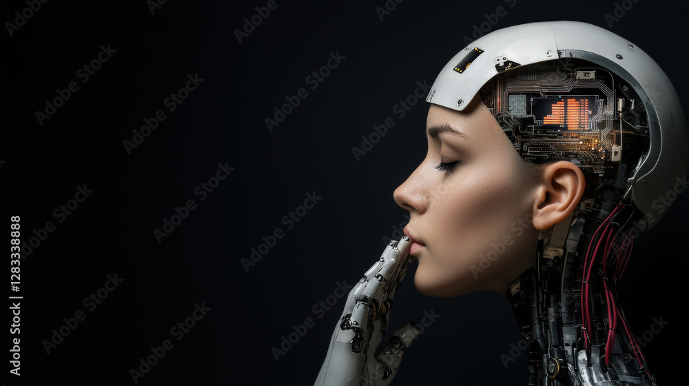Poster a futuristic humanoid figure with a mechanical head, showcasing intricate circuitry, blends human fe