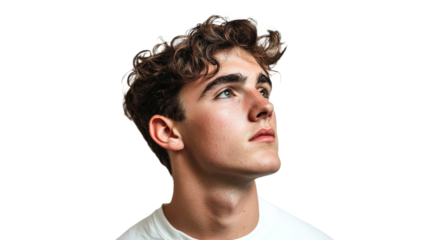 Young man gazing upward with curiosity