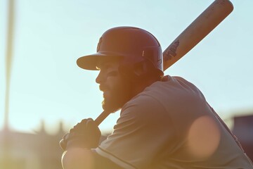 Baseball Player's Intense Focus: A determined baseball player, poised at the plate, gripping a wooden bat with focused intensity under a sunlit sky, ready to swing with power and precision.