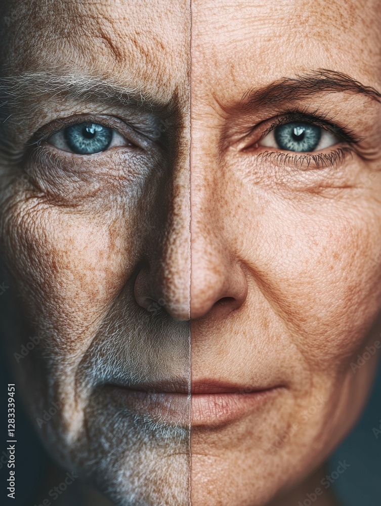 Poster transformation of a face reveals age difference showcasing wrinkles and youthful smoothness in a spl