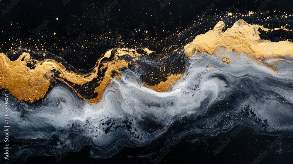 Poster abstract golden explosion forming delicate patterns, soft glow on black